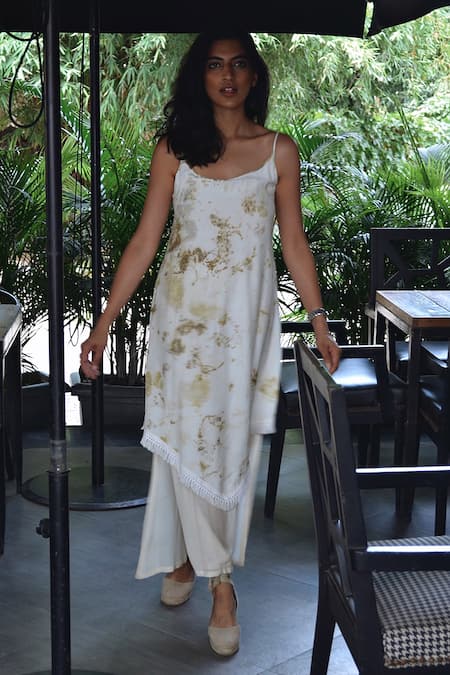 Shop_Jasmine Bains_Ivory Silk Round Neck Foliage Print Asymmetric Dress _Online_at_Aza_Fashions