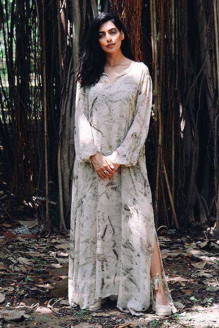 Buy_Jasmine Bains_Ivory Silk Split V-neck Eucalyptus Print Maxi Dress _Online_at_Aza_Fashions