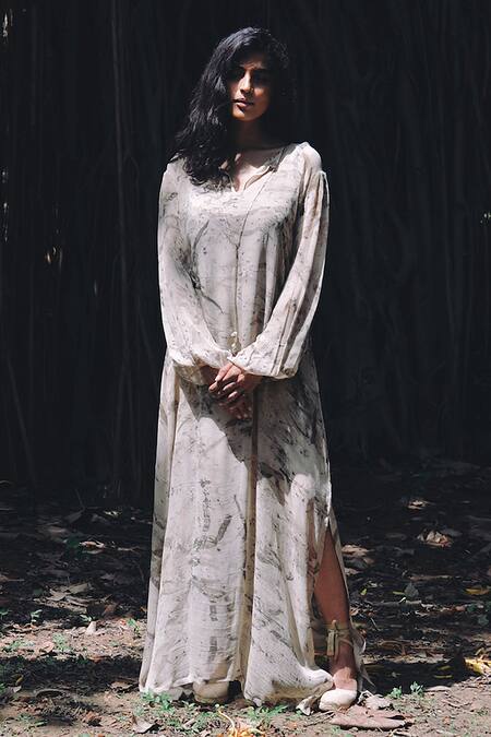 Shop_Jasmine Bains_Ivory Silk Split V-neck Eucalyptus Print Maxi Dress _Online_at_Aza_Fashions