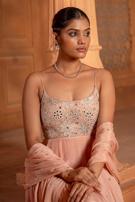 Buy Enamour By Radha Pink Linen, Silk, Chiffon Mirrors, Sequins, Floral Embroidered Anarkali Pant Set Online at Aza Fashions Buy_Enamour By Radha_Pink Linen, Silk, Chiffon Mirrors, Sequins, Floral Embroidered Anarkali Pant Set _Online_at_Aza_Fashions