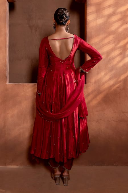 Shop Enamour By Radha Red Chiffon, Silk, Linen Sequins, Zari Zardozi Embroidered Anarkali Pant Set at Aza Fashions Shop_Enamour By Radha_Red Chiffon, Silk, Linen Sequins, Zari Zardozi Embroidered Anarkali Pant Set _at_Aza_Fashions