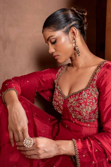 Enamour By Radha Red Chiffon, Silk, Linen Sequins, Zari Zardozi Embroidered Anarkali Pant Set Online at Aza Fashions Enamour By Radha_Red Chiffon, Silk, Linen Sequins, Zari Zardozi Embroidered Anarkali Pant Set _Online_at_Aza_Fashions