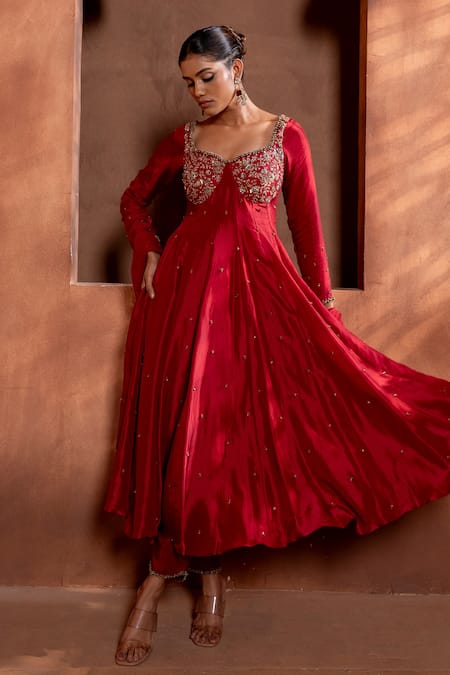 Buy Enamour By Radha Red Chiffon, Silk, Linen Sequins, Zari Zardozi Embroidered Anarkali Pant Set Online at Aza Fashions Buy_Enamour By Radha_Red Chiffon, Silk, Linen Sequins, Zari Zardozi Embroidered Anarkali Pant Set _Online_at_Aza_Fashions
