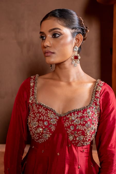 Shop Enamour By Radha Red Chiffon, Silk, Linen Sequins, Zari Zardozi Embroidered Anarkali Pant Set Online at Aza Fashions Shop_Enamour By Radha_Red Chiffon, Silk, Linen Sequins, Zari Zardozi Embroidered Anarkali Pant Set _Online_at_Aza_Fashions