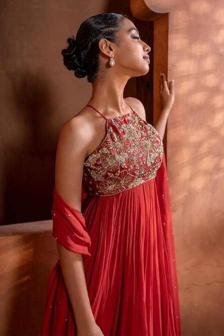 Buy Enamour By Radha Orange Linen, Silk, Chiffon Zardozi Embroidered In-cut Anarkali Pant Set Online at Aza Fashions Buy_Enamour By Radha_Orange Linen, Silk, Chiffon Zardozi Embroidered In-cut Anarkali Pant Set _Online_at_Aza_Fashions