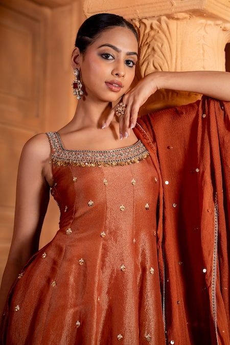 Buy_Enamour By Radha_Brown Chiffon, Linen, Silk Sequins, Beads, Resham Embroidered Anarkali Pant Set _Online_at_Aza_Fashions