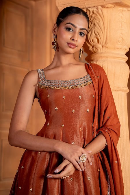 Shop_Enamour By Radha_Brown Chiffon, Linen, Silk Sequins, Beads, Resham Embroidered Anarkali Pant Set _Online_at_Aza_Fashions