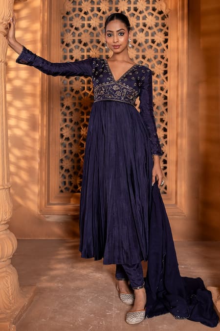 Enamour By Radha_Blue Chiffon, Silk, Linen, Cotton Floral Embroidered Yoke Anarkali Pant Set _Online_at_Aza_Fashions