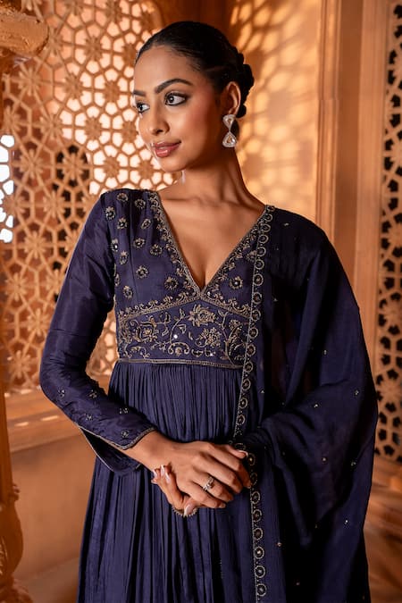 Buy_Enamour By Radha_Blue Chiffon, Silk, Linen, Cotton Floral Embroidered Yoke Anarkali Pant Set _Online_at_Aza_Fashions