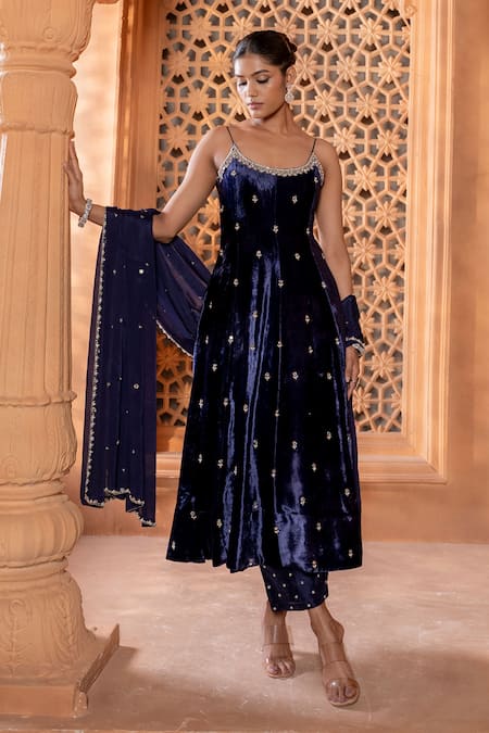 Enamour By Radha Blue Velvet Embroidered Sequin Scoop Glass Beads Anarkali Set 