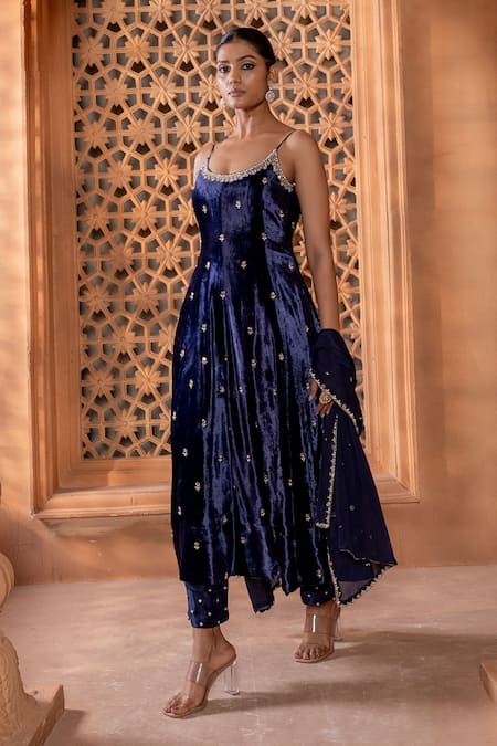 Enamour By Radha_Blue Velvet, Chiffon, Silk Beads, Pearls, Sequins, Glass Anarkali Set _Online_at_Aza_Fashions