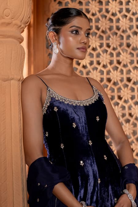 Buy_Enamour By Radha_Blue Velvet, Chiffon, Silk Beads, Pearls, Sequins, Glass Anarkali Set _Online_at_Aza_Fashions