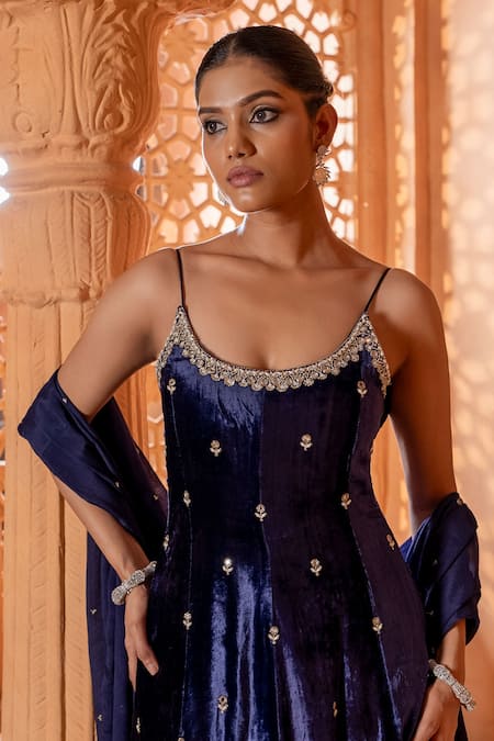 Shop_Enamour By Radha_Blue Velvet, Chiffon, Silk Beads, Pearls, Sequins, Glass Anarkali Set _Online_at_Aza_Fashions