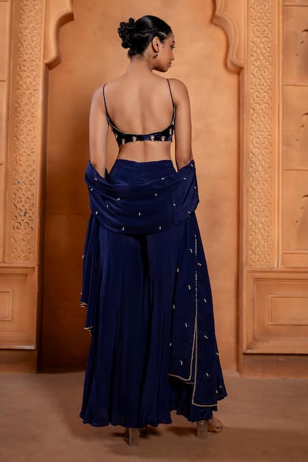 Shop Enamour By Radha Blue Velvet, Crepe Zari, Sequins, Beads Zardozi Embroidered Bustier Sharara Set at Aza Fashions Shop_Enamour By Radha_Blue Velvet, Crepe Zari, Sequins, Beads Zardozi Embroidered Bustier Sharara Set _at_Aza_Fashions