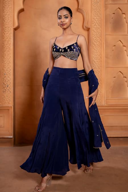 Enamour By Radha Blue Velvet, Crepe Zari, Sequins, Beads Zardozi Embroidered Bustier Sharara Set Online at Aza Fashions Enamour By Radha_Blue Velvet, Crepe Zari, Sequins, Beads Zardozi Embroidered Bustier Sharara Set _Online_at_Aza_Fashions