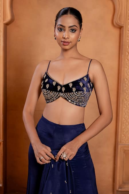 Buy Enamour By Radha Blue Velvet, Crepe Zari, Sequins, Beads Zardozi Embroidered Bustier Sharara Set Online at Aza Fashions Buy_Enamour By Radha_Blue Velvet, Crepe Zari, Sequins, Beads Zardozi Embroidered Bustier Sharara Set _Online_at_Aza_Fashions