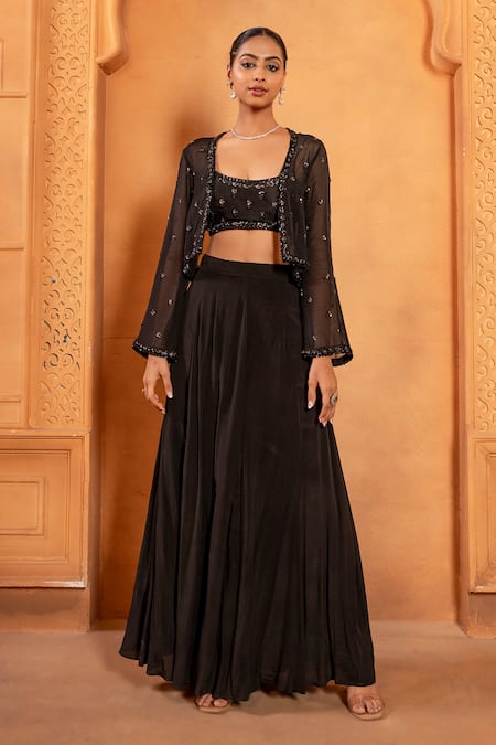 Enamour By Radha Black Crape Embroidered Sequin Scoop Glass Beads Jacket With Sharara Set 