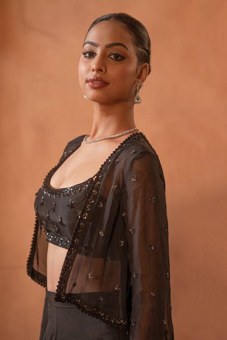 Shop Enamour By Radha Black Viscose, Silk, Satin Beads, Glass Embroidered Jacket With Sharara Set Online at Aza Fashions Shop_Enamour By Radha_Black Viscose, Silk, Satin Beads, Glass Embroidered Jacket With Sharara Set _Online_at_Aza_Fashions