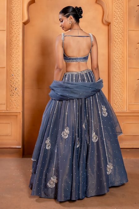Shop_Enamour By Radha_Blue Organza, Silk Pearls, Sequins, Zari, Beads Round Embroidered Lehenga Set _at_Aza_Fashions