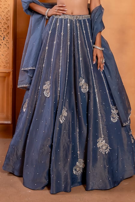 Enamour By Radha_Blue Organza, Silk Pearls, Sequins, Zari, Beads Round Embroidered Lehenga Set _Online_at_Aza_Fashions