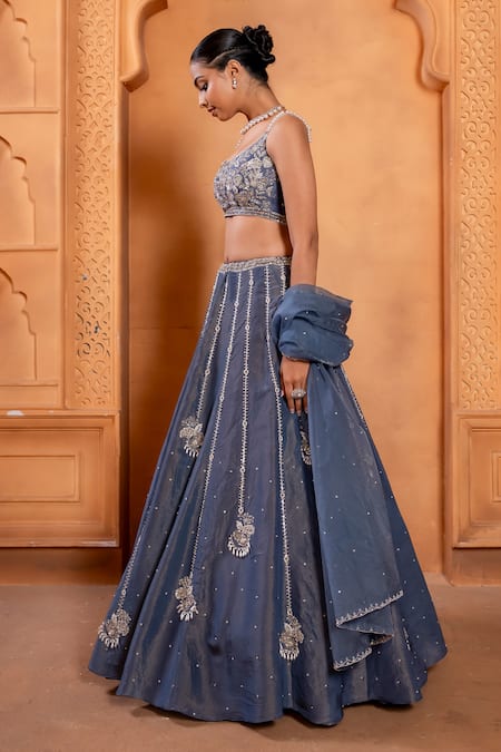 Buy_Enamour By Radha_Blue Organza, Silk Pearls, Sequins, Zari, Beads Round Embroidered Lehenga Set _Online_at_Aza_Fashions