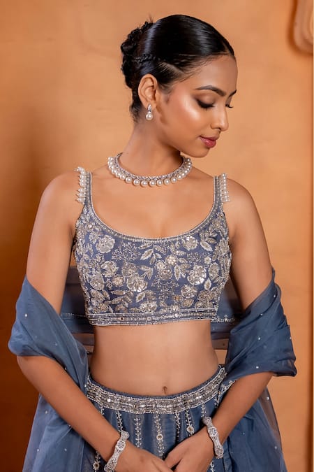 Shop_Enamour By Radha_Blue Organza, Silk Pearls, Sequins, Zari, Beads Round Embroidered Lehenga Set _Online_at_Aza_Fashions