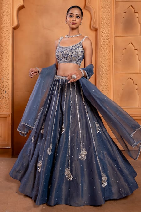 Enamour By Radha_Blue Organza, Silk Pearls, Sequins, Zari, Beads Round Embroidered Lehenga Set _at_Aza_Fashions