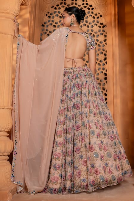 Shop Enamour By Radha Multi Color Organza, Silk Sequins, Embroidery, Floral Garden Print Lehenga Set at Aza Fashions Shop_Enamour By Radha_Multi Color Organza, Silk Sequins, Embroidery, Floral Garden Print Lehenga Set _at_Aza_Fashions