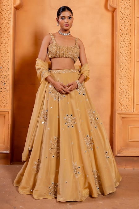 Enamour By Radha Gold Chinoon Chiffon Embroidered Sequin Square Mirror Lehenga Set 