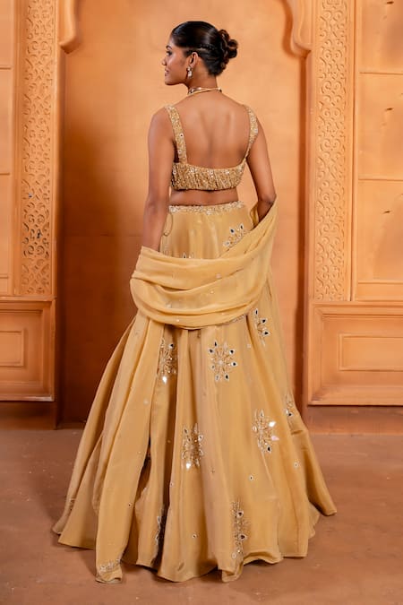 Shop Enamour By Radha Gold Organza, Silk Beads, Sequins, Mirrors, Embroidery Square Neck Lehenga Set at Aza Fashions Shop_Enamour By Radha_Gold Organza, Silk Beads, Sequins, Mirrors, Embroidery Square Neck Lehenga Set _at_Aza_Fashions