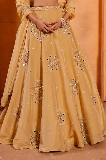 Enamour By Radha Gold Organza, Silk Beads, Sequins, Mirrors, Embroidery Square Neck Lehenga Set Online at Aza Fashions Enamour By Radha_Gold Organza, Silk Beads, Sequins, Mirrors, Embroidery Square Neck Lehenga Set _Online_at_Aza_Fashions