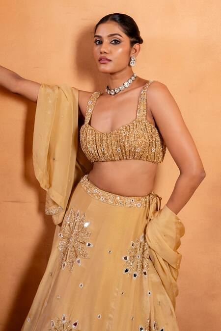 Shop Enamour By Radha Gold Organza, Silk Beads, Sequins, Mirrors, Embroidery Square Neck Lehenga Set Online at Aza Fashions Shop_Enamour By Radha_Gold Organza, Silk Beads, Sequins, Mirrors, Embroidery Square Neck Lehenga Set _Online_at_Aza_Fashions