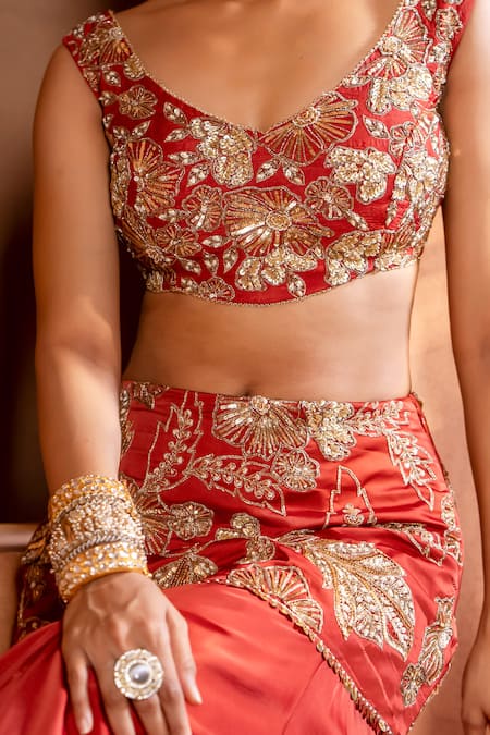 Enamour By Radha Orange Organza, Bamboo, Silk Zari, Floral Embroidered Mermaid Lehenga Set at Aza Fashions Enamour By Radha_Orange Organza, Bamboo, Silk Zari, Floral Embroidered Mermaid Lehenga Set _at_Aza_Fashions