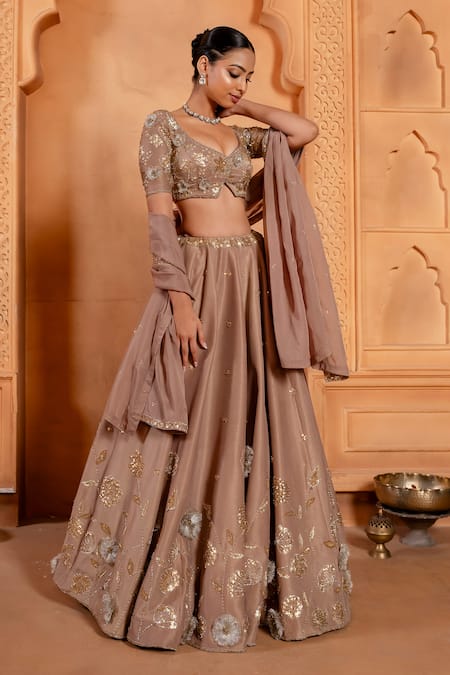 Enamour By Radha Brown Zari Silk Embroidery Glass Beads Leaf Floral Lehenga Set 