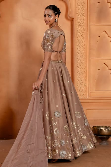 Shop Enamour By Radha Brown Organza, Silk Sequins, Zari, Piping, Pearls, Floral Lehenga Set at Aza Fashions Shop_Enamour By Radha_Brown Organza, Silk Sequins, Zari, Piping, Pearls, Floral Lehenga Set _at_Aza_Fashions