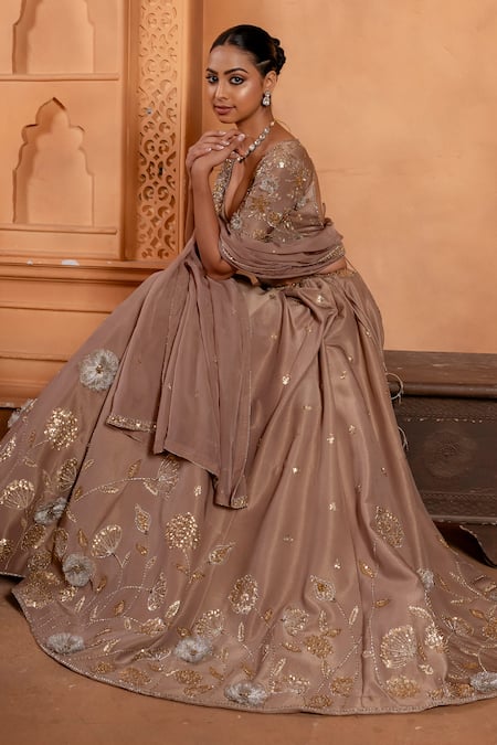Enamour By Radha Brown Organza, Silk Sequins, Zari, Piping, Pearls, Floral Lehenga Set Online at Aza Fashions Enamour By Radha_Brown Organza, Silk Sequins, Zari, Piping, Pearls, Floral Lehenga Set _Online_at_Aza_Fashions