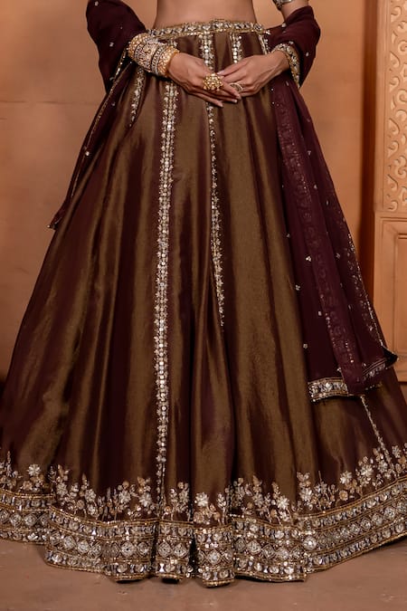 Enamour By Radha_Brown Organza, Silk Sequins, Zari, Beads Floral Embroidered Kalidar Lehenga Set _Online_at_Aza_Fashions