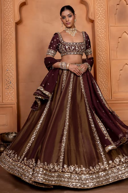 Buy_Enamour By Radha_Brown Organza, Silk Sequins, Zari, Beads Floral Embroidered Kalidar Lehenga Set _Online_at_Aza_Fashions