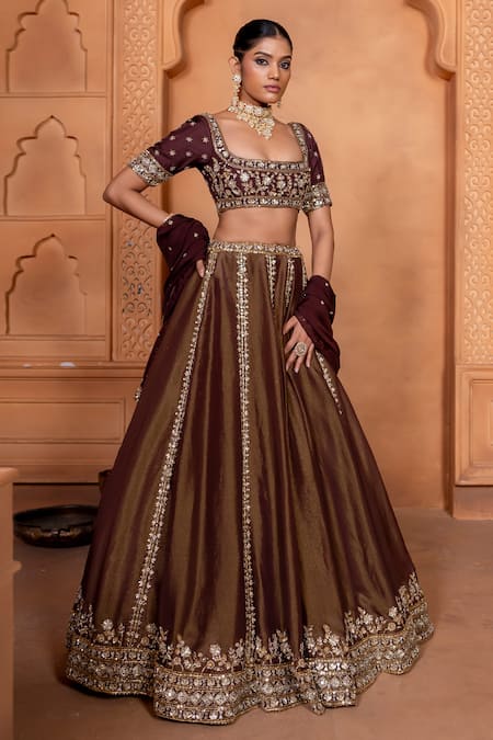 Enamour By Radha_Brown Organza, Silk Sequins, Zari, Beads Floral Embroidered Kalidar Lehenga Set _at_Aza_Fashions