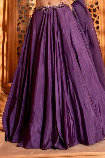 Enamour By Radha_Purple Organza, Silk Beads, Sequins Floral Glass Embroidered Lehenga Set _Online_at_Aza_Fashions