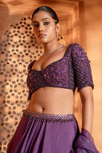 Buy_Enamour By Radha_Purple Organza, Silk Beads, Sequins Floral Glass Embroidered Lehenga Set _Online_at_Aza_Fashions