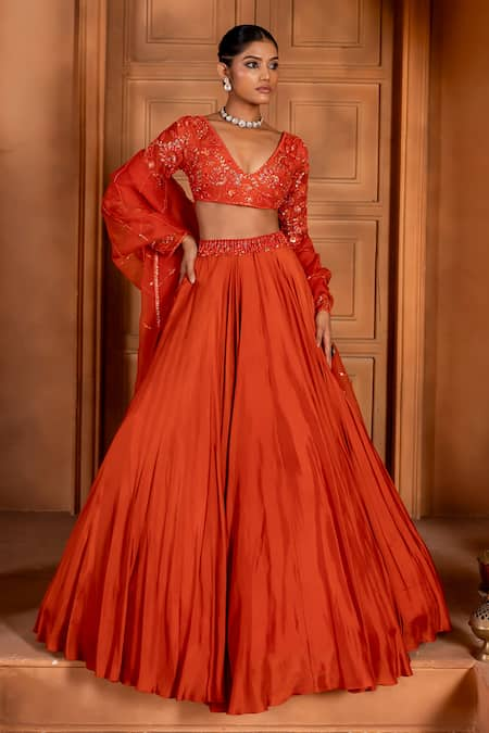 Enamour By Radha Orange Organza Embroidery Beads V-neck Zari Flared Lehenga Set 