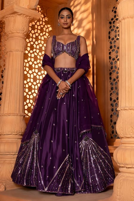 Enamour By Radha Purple Organza Embroidery Sequins Leaf Glass Beads Lehenga And Blouse Set 