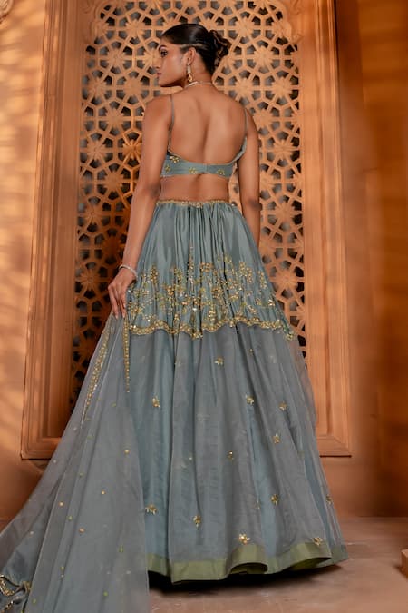 Shop Enamour By Radha Blue Organza, Silk Embroidery, Sequins, Zari, Floral Zardosi Tiered Lehenga Set at Aza Fashions Shop_Enamour By Radha_Blue Organza, Silk Embroidery, Sequins, Zari, Floral Zardosi Tiered Lehenga Set _at_Aza_Fashions