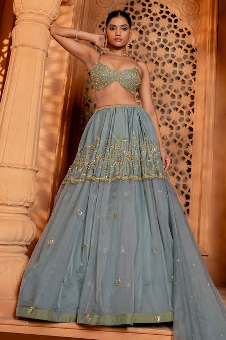 Enamour By Radha Blue Organza, Silk Embroidery, Sequins, Zari, Floral Zardosi Tiered Lehenga Set Online at Aza Fashions Enamour By Radha_Blue Organza, Silk Embroidery, Sequins, Zari, Floral Zardosi Tiered Lehenga Set _Online_at_Aza_Fashions