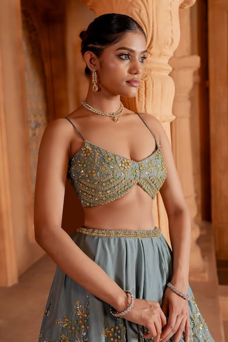 Buy Enamour By Radha Blue Organza, Silk Embroidery, Sequins, Zari, Floral Zardosi Tiered Lehenga Set Online at Aza Fashions Buy_Enamour By Radha_Blue Organza, Silk Embroidery, Sequins, Zari, Floral Zardosi Tiered Lehenga Set _Online_at_Aza_Fashions