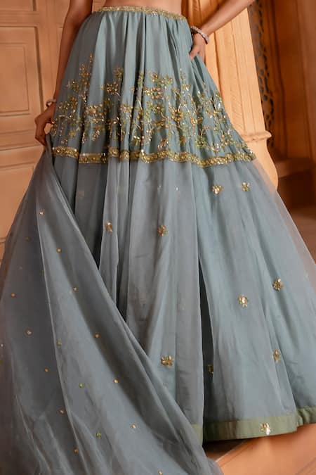 Enamour By Radha Blue Organza, Silk Embroidery, Sequins, Zari, Floral Zardosi Tiered Lehenga Set at Aza Fashions Enamour By Radha_Blue Organza, Silk Embroidery, Sequins, Zari, Floral Zardosi Tiered Lehenga Set _at_Aza_Fashions