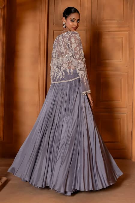 Shop Enamour By Radha Blue Organza, Silk Pearls, Sequins, Floral Embroidered Pleated Lehenga Set at Aza Fashions Shop_Enamour By Radha_Blue Organza, Silk Pearls, Sequins, Floral Embroidered Pleated Lehenga Set _at_Aza_Fashions