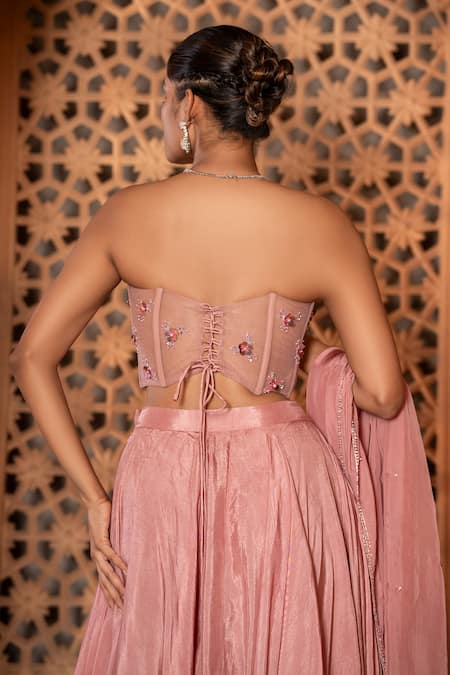 Shop_Enamour By Radha_Pink Organza, Net, Silk Beads, Sequins Floral Embroidered Corset Lehenga Set _at_Aza_Fashions