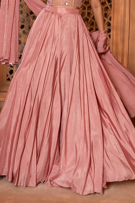 Enamour By Radha_Pink Organza, Net, Silk Beads, Sequins Floral Embroidered Corset Lehenga Set _Online_at_Aza_Fashions